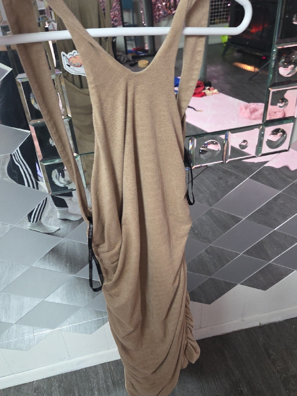 bebe Tan Ruched Maxi Dress